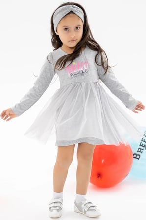 Breeze Kız Çocuk Uzun Kollu Elbise Baskılı Tüllü 1.5-5 Yaş, Gri Melanj
