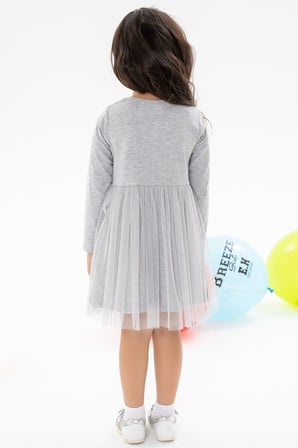 Breeze Kız Çocuk Uzun Kollu Elbise Baskılı Tüllü 1.5-5 Yaş, Gri Melanj