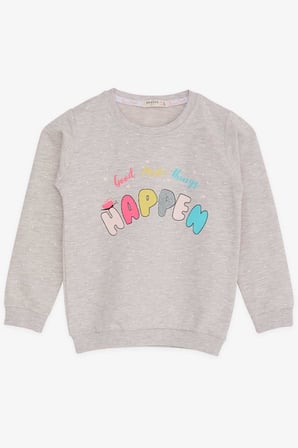Breeze Kız Çocuk Sweatshirt Yazı Baskılı Desenli 3-7 Yaş, Bej Melanj