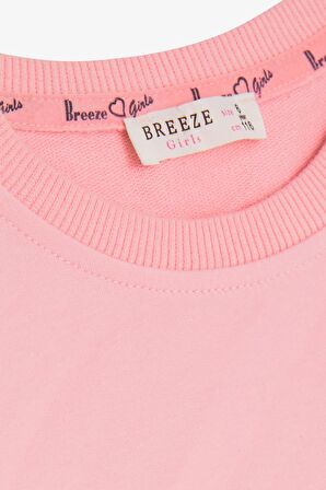 Breeze Kız Çocuk Sweatshirt İncili Taşlı Beli Bağcıklı 6-12 Yaş, Pudra