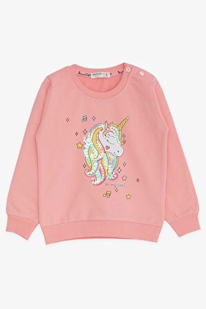 Breeze Kız Çocuk Sweatshirt Baskılı Pullu Unicorn 2-6 Yaş, Somon