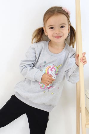 Breeze Kız Çocuk Sweatshirt Baskılı Pullu Unicorn 2-6 Yaş, Gri Melanj