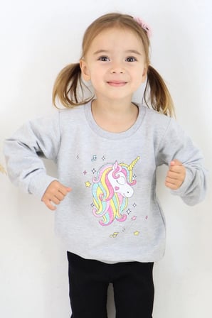 Breeze Kız Çocuk Sweatshirt Baskılı Pullu Unicorn 2-6 Yaş, Gri Melanj