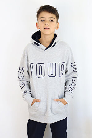 Breeze Erkek Çocuk Yazı Baskılı Sweatshirt 9-16 Yaş, Gri Melanj