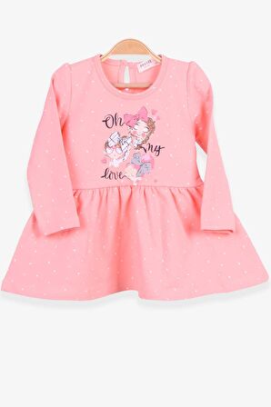 Breeze Kız Çocuk Uzun Kollu Elbise Bebek Baskılı Desenli 1-4 Yaş, Somon