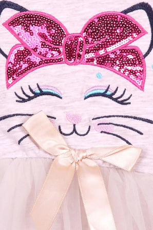 Breeze Kız Çocuk Uzun Kollu Elbise Kedi Nakışlı Pullu 1.5-5 Yaş, Bej Melanj