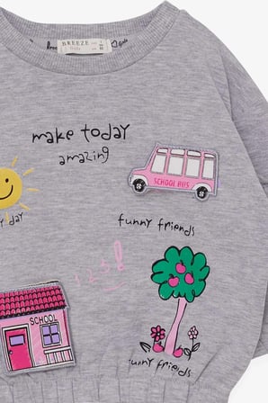 Breeze Kız Çocuk Sweatshirt Okul Temalı 1-4 Yaş, Gri Melanj