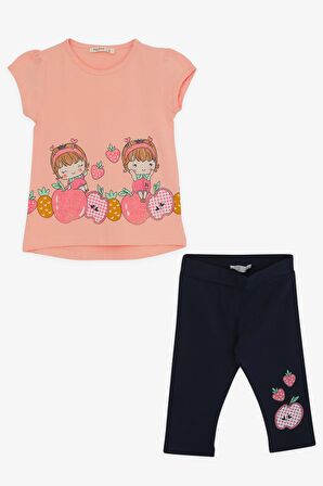 Breeze Kız Çocuk Kapri Taytlı Takım Elma Desenli 1-4 Yaş, Somon