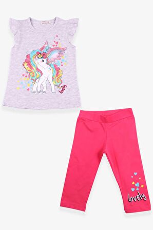 Breeze Kız Çocuk Kapri Taytlı Takım Unicorn Baskılı 2-6 Yaş, Açık Gri Melanj