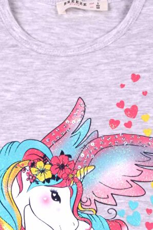 Breeze Kız Çocuk Kapri Taytlı Takım Unicorn Baskılı 2-6 Yaş, Açık Gri Melanj