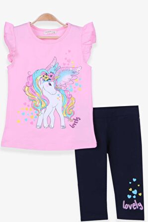 Breeze Kız Çocuk Kapri Taytlı Takım Unicorn Baskılı 2-6 Yaş, Pudra