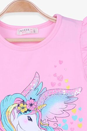 Breeze Kız Çocuk Kapri Taytlı Takım Unicorn Baskılı 2-6 Yaş, Pudra