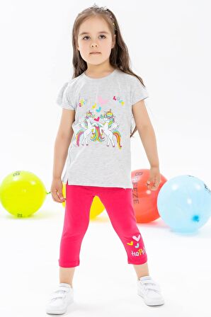 Breeze Kız Çocuk Kapri Taytlı Takım Unicorn Baskılı 1.5-5 Yaş, Açık Gri Melanj
