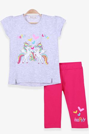 Breeze Kız Çocuk Kapri Taytlı Takım Unicorn Baskılı 1.5-5 Yaş, Açık Gri Melanj