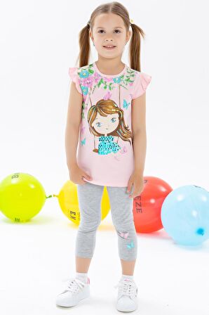 Breeze Kız Çocuk Taytlı Takım Sallanan Kız Baskılı 2-6 Yaş, Pudra