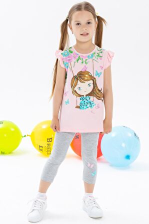 Breeze Kız Çocuk Taytlı Takım Sallanan Kız Baskılı 2-6 Yaş, Pudra