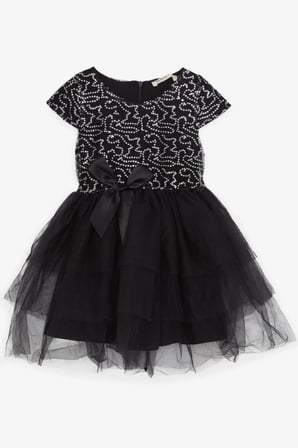 Breeze Kız Çocuk Elbise Fiyonklu Pullu Tüllü 5-10 Yaş, Siyah