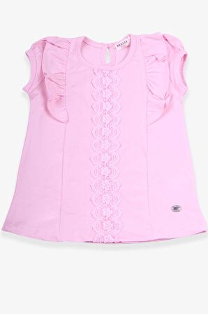 Breeze Kız Çocuk Tişört Fırfırlı Güpürlü 3-8 Yaş, Pudra