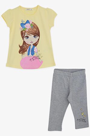 Breeze Kız Çocuk Taytlı Takım Pullu Kız Baskılı 3-8 Yaş, Sarı