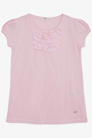 Breeze Kız Çocuk Tişört Güpürlü 4-8 Yaş, Pudra