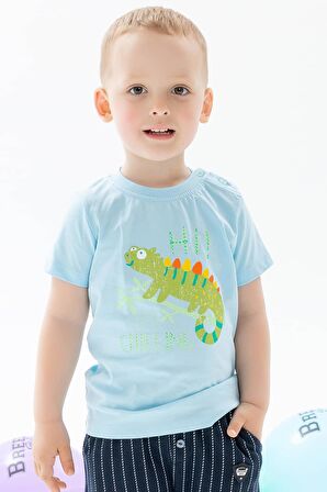 Breeze Erkek Bebek Tişört Bukalemun Baskılı 9 Ay-3 Yaş, Açık Mavi