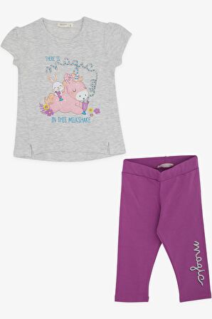 Breeze Kız Çocuk Taytlı Kapri Takım Unicorn Baskılı 1.5-5 Yaş, Açık Gri Melanj