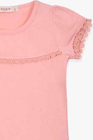 Breeze Kız Çocuk Tişört Kolları Güpürlü 2-6 Yaş, Somon