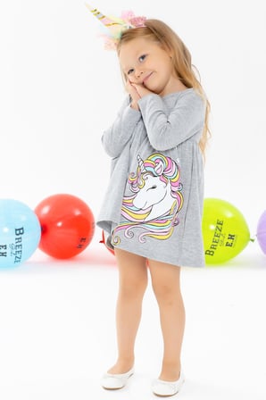 Breeze Kız Çocuk Uzun Kollu Elbise Unicorn 2-6 Yaş, Gri Melanj