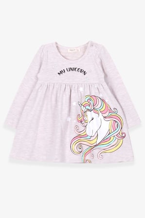 Breeze Kız Çocuk Uzun Kollu Elbise Unicorn 2-6 Yaş, Bej Melanj