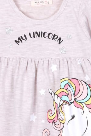 Breeze Kız Çocuk Uzun Kollu Elbise Unicorn 2-6 Yaş, Bej Melanj