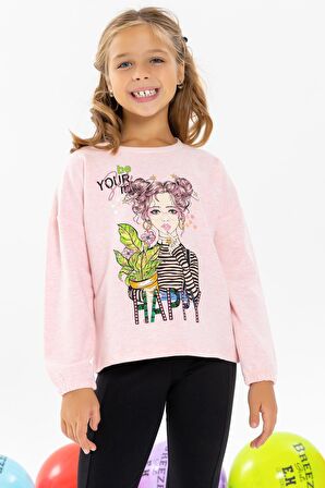 Breeze Kız Çocuk Uzun Kollu Tişört Portre Kız Baskılı 10-14 Yaş, Somon Melanj