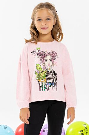 Breeze Kız Çocuk Uzun Kollu Tişört Portre Kız Baskılı 10-14 Yaş, Somon Melanj