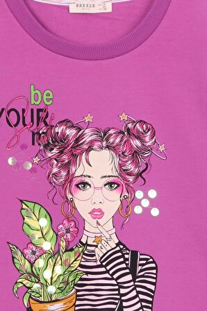 Breeze Kız Çocuk Uzun Kollu Tişört Portre Kız Baskılı 10-14 Yaş, Mor