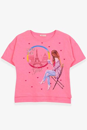 Breeze Kız Çocuk Tişört Kalpli Simli Kız Baskılı 9-16 Yaş, Neon Pembe