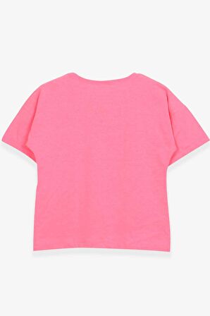 Breeze Kız Çocuk Tişört Kalpli Simli Kız Baskılı 9-16 Yaş, Neon Pembe