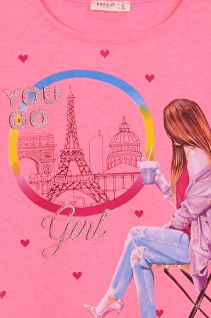 Breeze Kız Çocuk Tişört Kalpli Simli Kız Baskılı 9-16 Yaş, Neon Pembe