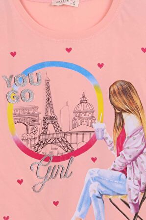 Breeze Kız Çocuk Tişört Kalpli Simli Kız Baskılı 9-16 Yaş, Somon