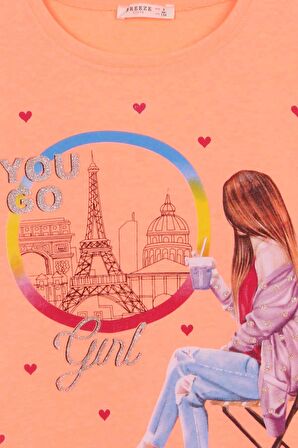 Breeze Kız Çocuk Tişört Kalpli Simli Kız Baskılı 9-16 Yaş, Neon Turuncu