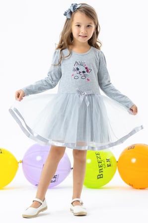 Breeze Kız Çocuk Uzun Kollu Elbise Kedicik Nakışlı Pullu 1.5-5 Yaş, Gri Melanj