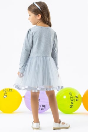 Breeze Kız Çocuk Uzun Kollu Elbise Kedicik Nakışlı Pullu 1.5-5 Yaş, Gri Melanj