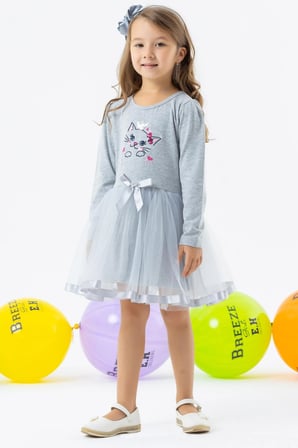 Breeze Kız Çocuk Uzun Kollu Elbise Kedicik Nakışlı Pullu 1.5-5 Yaş, Gri Melanj
