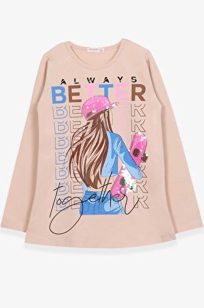 Breeze Kız Çocuk Uzun Kollu Tişört Kaykaycı Kız Baskılı 10-16 Yaş, Krem