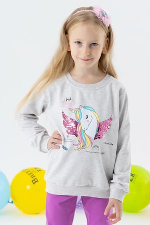 Breeze Kız Çocuk Sweatshirt Unicorn Baskılı 2-6 Yaş, Gri Melanj