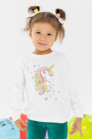 Breeze Kız Çocuk Sweatshirt Baskılı Pullu Unicorn 2-6 Yaş, Ekru