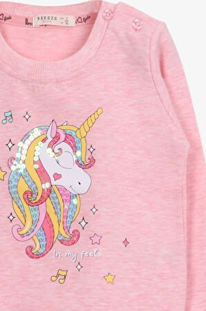 Breeze Kız Çocuk Sweatshirt Baskılı Pullu Unicorn 2-6 Yaş, Somon Melanj