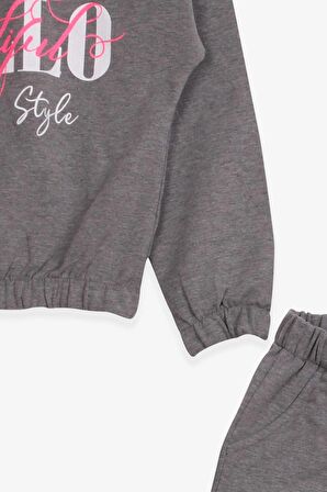 Breeze Kız Çocuk Eşofman Takımı Simli Yazı Baskılı 8-14 Yaş, Koyu Gri Melanj