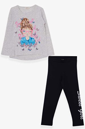 Breeze Kız Çocuk Tatylı Takım Kelebekli Kız Baskılı 5-10 Yaş, Açık Gri Melanj