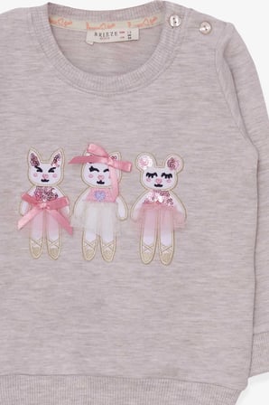 Breeze Kız Çocuk Sweatshirt Sevimli Hayvancıklar Baskılı 1.5-5 Yaş, Bej Melanj