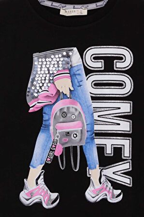 Breeze Kız Çocuk Sweatshirt Pullu Baskılı 9-14 Yaş, Siyah