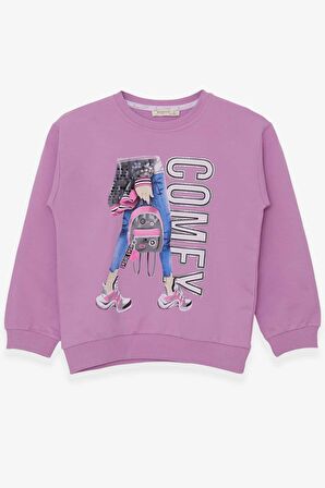 Breeze Kız Çocuk Sweatshirt Pullu Baskılı 9-14 Yaş, Eflatun